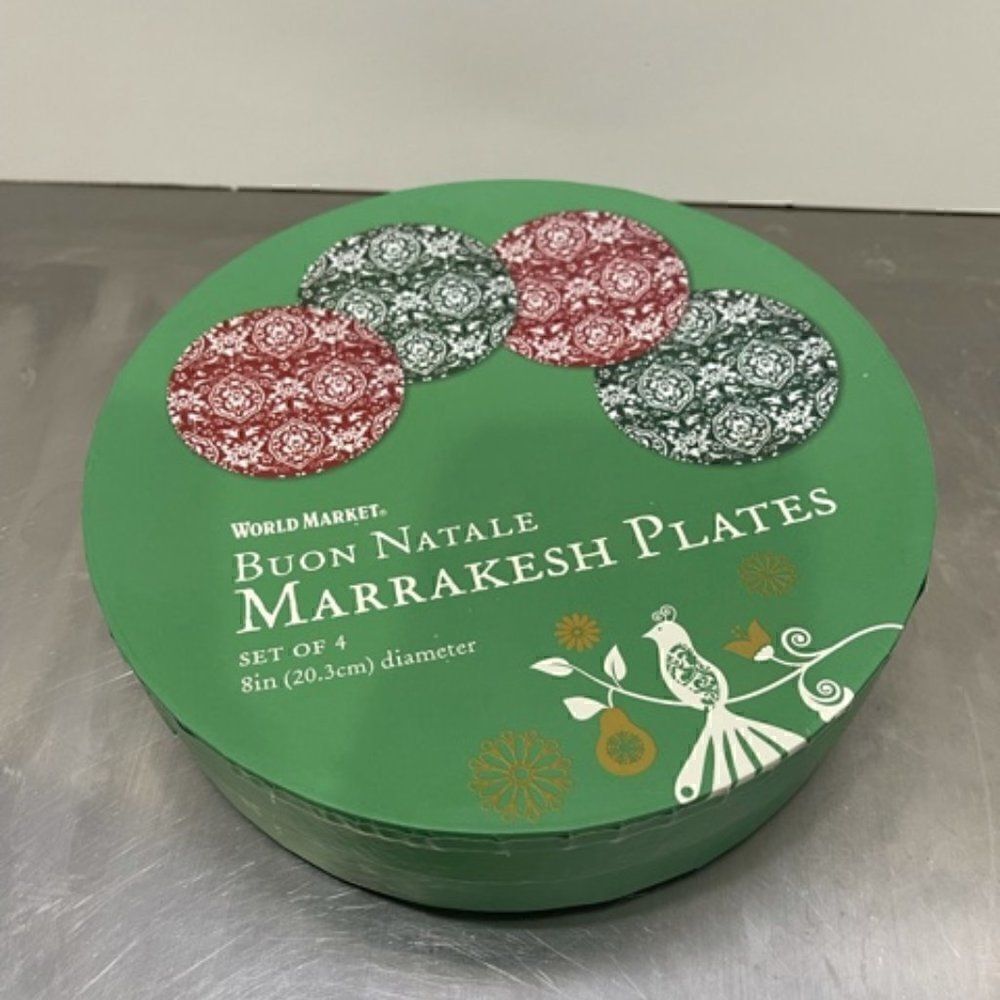 Set of 4 World Market Buon Natale Marrakesh Vintage Christmas 8" Plates Unused